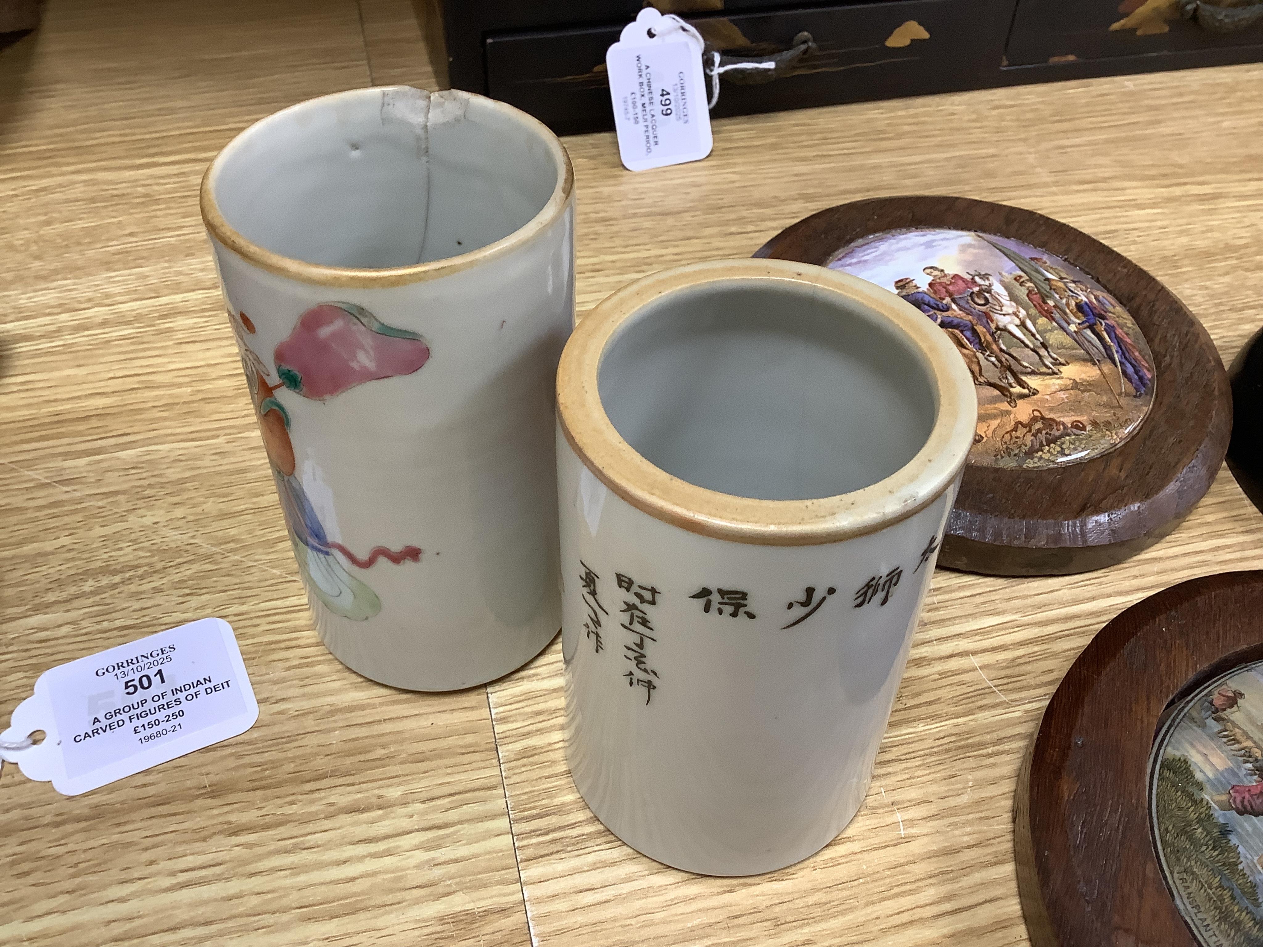 A collection of Chinese ceramics to include a blue and white mug, set of three graduated Canton jars and covers and two cylindrical brush washers